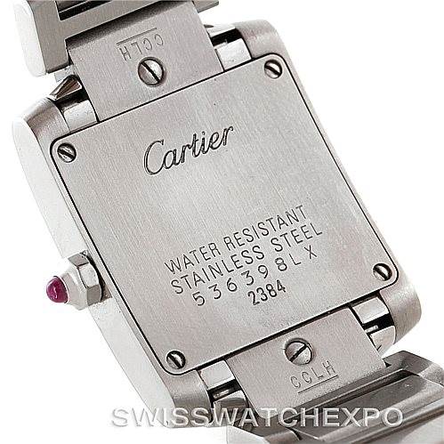 This image shows the back case of a Cartier Tank Francaise W51031Q3 Women's Stainless Steel Silver Dial W51031Q3 Women's Stainless Steel Silver Dial watch, highlighting the brand, water resistance markings, and stainless steel construction.