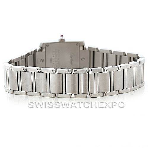 The image shows the back view of the bracelet and clasp of a Cartier Tank Francaise W51031Q3 Women's Stainless Steel Silver Dial W51031Q3 Women's Stainless Steel Silver Dial watch, highlighting its stainless steel links.