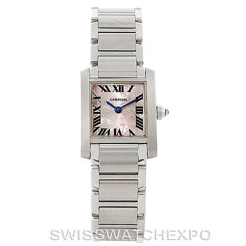 The image shows a front view of a Cartier Tank Francaise W51031Q3 Women's Stainless Steel Silver Dial W51031Q3 Women's Stainless Steel Silver Dial watch, displaying its rectangular face, steel bracelet, and intricate dial.