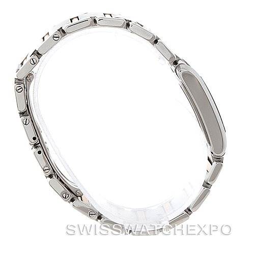 The image shows a side view of the Cartier Tank Francaise W51012Q4 Women's Steel and Gold (two tone) Silver Dial W51012Q4 Women's Steel and Gold (two tone) Silver Dial watch, focusing on its stainless steel bracelet and case.