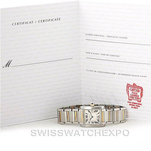 The Cartier Tank Francaise W51012Q4 Women's Steel and Gold (two tone) Silver Dial W51012Q4 Women's Steel and Gold (two tone) Silver Dial watch is displayed front-facing with its bracelet laid flat, accompanied by its certificate of authenticity.