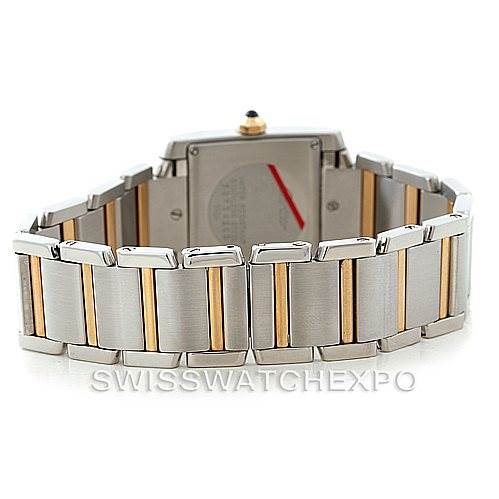 This Tank Francaise watch model by Cartier is shown from the rear, highlighting its bracelet with gold accents and clasp.