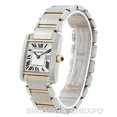 The image shows a side angle of the Cartier Tank Francaise W51012Q4 Women's Steel and Gold (two tone) Silver Dial W51012Q4 Women's Steel and Gold (two tone) Silver Dial watch, highlighting its face, strap, and side crown.
