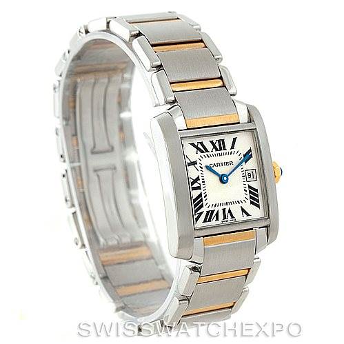 This image shows a Cartier Tank Française watch at a three-quarter angle, highlighting the face, bracelet, and part of the side.