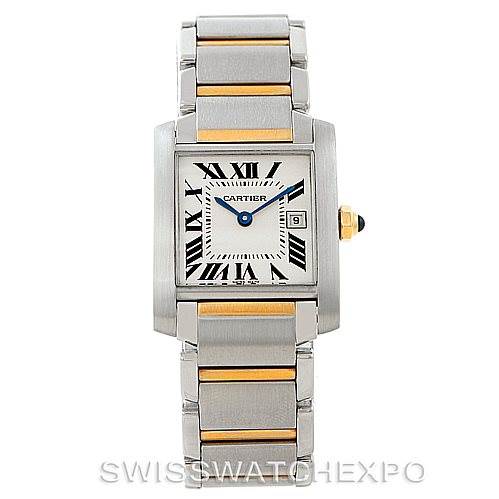 This image shows a Cartier Tank Francaise W51012Q4 Women's Steel and Gold (two tone) Silver Dial W51012Q4 Women's Steel and Gold (two tone) Silver Dial watch from a front angle, highlighting its face, bezel, and bracelet.
