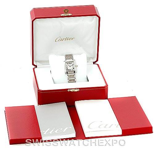 The Cartier Tank Francaise W51012Q4 Women's Steel and Gold (two tone) Silver Dial W51012Q4 Women's Steel and Gold (two tone) Silver Dial watch is shown from the front, in its open red box, alongside booklets.