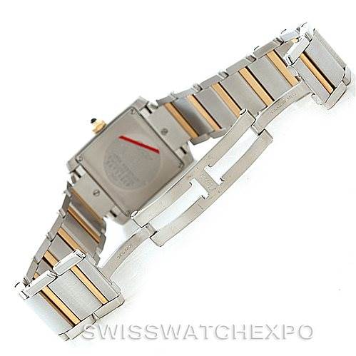 This image shows the back and bracelet of a Cartier Tank Francaise W51012Q4 Women's Steel and Gold (two tone) Silver Dial W51012Q4 Women's Steel and Gold (two tone) Silver Dial watch, highlighting the clasp and link details.