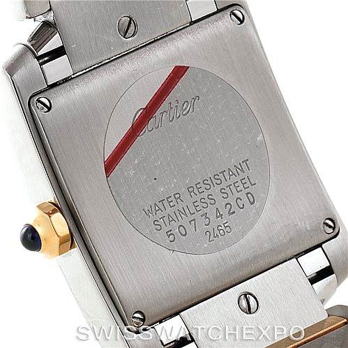 This image shows the back case of a Cartier Tank Francaise W51012Q4 Women's Steel and Gold (two tone) Silver Dial W51012Q4 Women's Steel and Gold (two tone) Silver Dial watch, highlighting its water resistance, stainless steel material, and serial number.