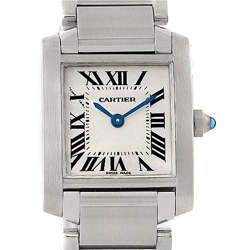 The image shows a frontal view of the Cartier Tank Francaise W51008Q3 Women's Stainless Steel Silver Dial W51008Q3 Women's Stainless Steel Silver Dial watch, displaying the dial, hands, case, and part of the bracelet.