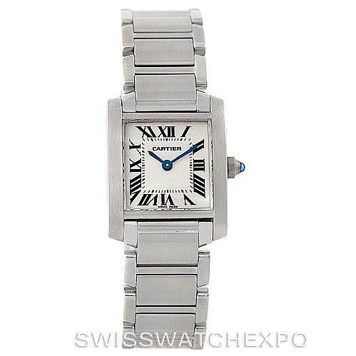 The image shows a frontal view of the Cartier Tank Francaise W51008Q3 Women's Stainless Steel Silver Dial W51008Q3 Women's Stainless Steel Silver Dial watch, displaying its bracelet and rectangular dial with Roman numerals.
