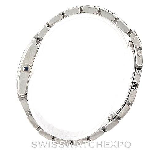 The image shows a side view of a Cartier Tank Française watch focusing on the bracelet and the thickness of the watch case.