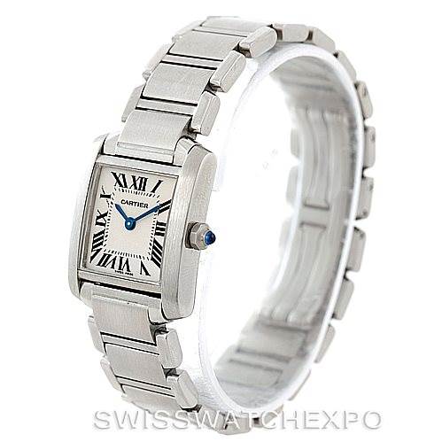 The image shows a Cartier Tank Francaise W51008Q3 Women's Stainless Steel Silver Dial W51008Q3 Women's Stainless Steel Silver Dial watch at an angle displaying its bracelet, square face, and crown with a blue cabochon.