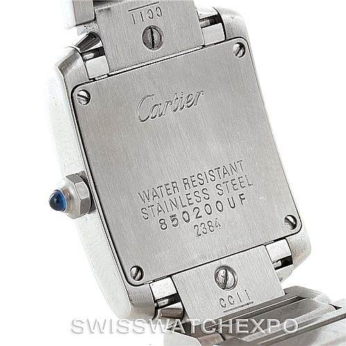 This image shows the back of the Cartier Tank Francaise W51008Q3 Women's Stainless Steel Silver Dial W51008Q3 Women's Stainless Steel Silver Dial watch, highlighting the case back, water resistance marking, and stainless steel bracelet.