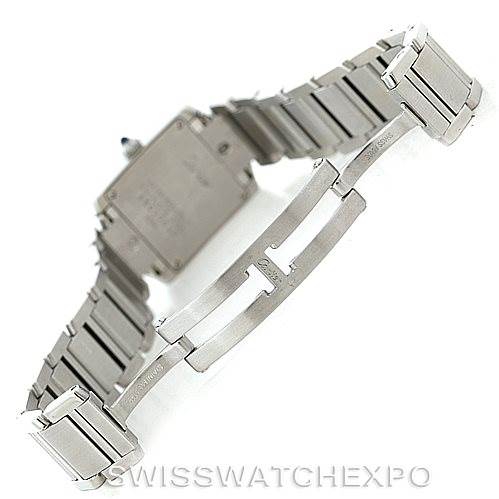 This image shows the stainless steel bracelet and clasp of a Cartier Tank Française watch from an angled side view.
