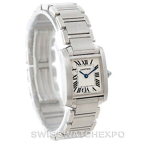 The image shows a Cartier Tank Francaise W51008Q3 Women's Stainless Steel Silver Dial W51008Q3 Women's Stainless Steel Silver Dial watch from an angled front view, highlighting its case, dial, and bracelet.