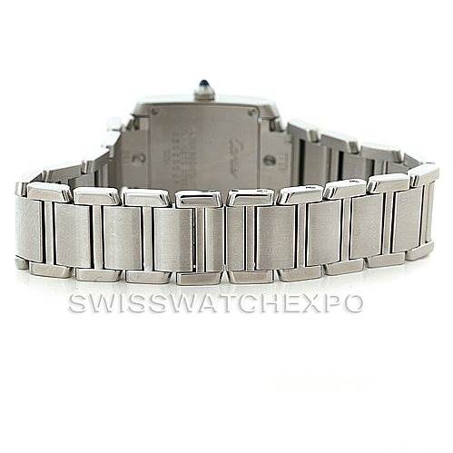 The image shows the back view of the Cartier Tank Francaise W51008Q3 Women's Stainless Steel Silver Dial W51008Q3 Women's Stainless Steel Silver Dial watch, emphasizing its stainless steel bracelet and deployment clasp.