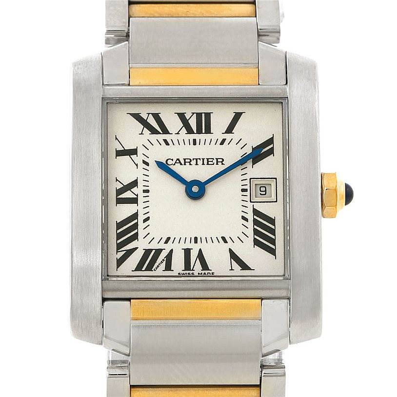 This image shows the front face and part of the bracelet of the Cartier Tank Francaise W51012Q4 Women's Steel and Gold (two tone) Silver Dial W51012Q4 Women's Steel and Gold (two tone) Silver Dial watch.