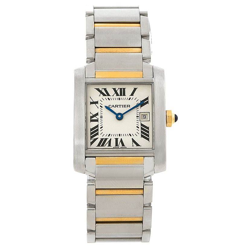 The image shows a front view of the Cartier Tank Française watch, highlighting its face, bezel, and bracelet.