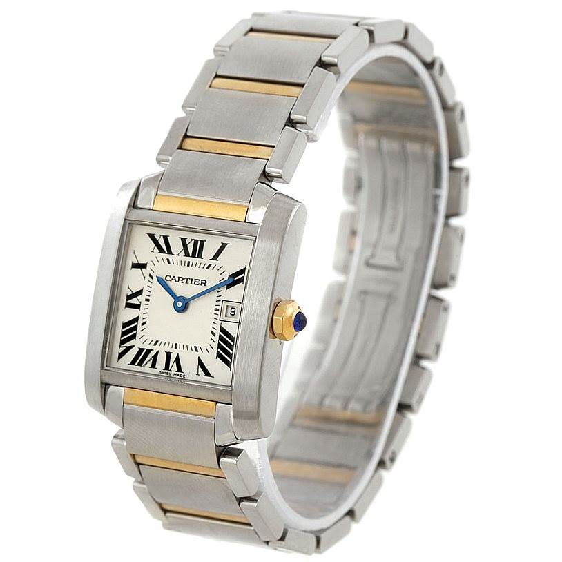 The Cartier Tank Francaise W51012Q4 Women's Steel and Gold (two tone) Silver Dial W51012Q4 Women's Steel and Gold (two tone) Silver Dial watch is shown at a slight angle, displaying its face, crown, and metal bracelet.