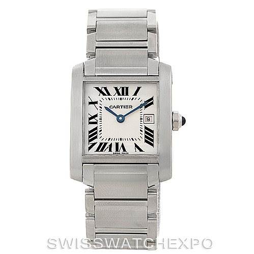 This image shows a front view of a Cartier Tank Francaise W51011Q3 Women's Stainless Steel Silver Dial W51011Q3 Women's Stainless Steel Silver Dial watch, highlighting its dial, bezel, and bracelet.