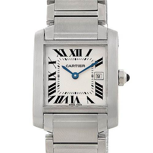 This is a close-up front view of a Cartier Tank Francaise W51011Q3 Women's Stainless Steel Silver Dial W51011Q3 Women's Stainless Steel Silver Dial watch, showing the face, dial, bracelet, and crown.