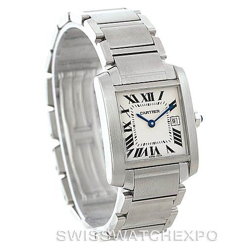 The image shows a Cartier Tank Francaise W51011Q3 Women's Stainless Steel Silver Dial W51011Q3 Women's Stainless Steel Silver Dial watch at an oblique angle, displaying the face, bracelet, and part of the crown.