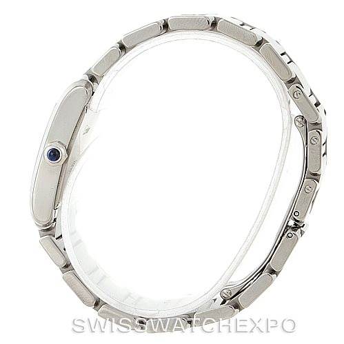 The image shows a Cartier Tank Francaise W51011Q3 Women's Stainless Steel Silver Dial W51011Q3 Women's Stainless Steel Silver Dial watch from a side angle, highlighting the bracelet and a part of the crown.