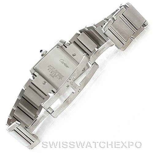 This image shows the underside and clasp mechanism of the Cartier Tank Française watch, focusing on the bracelet and case back.