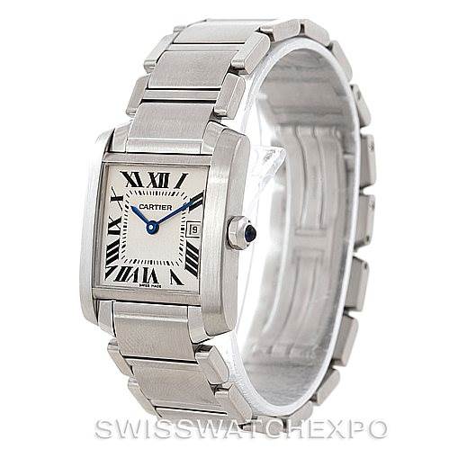 The Cartier Tank Francaise W51011Q3 Women's Stainless Steel Silver Dial W51011Q3 Women's Stainless Steel Silver Dial watch is shown at a three-quarter angle, displaying the face, bracelet, and crown with a blue sapphire.