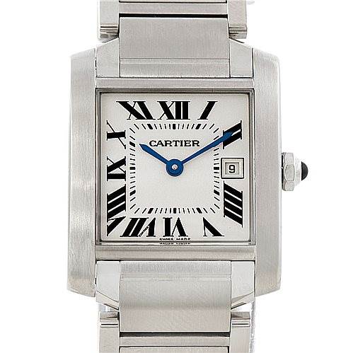 The Cartier Tank Francaise W51011Q3 Women's Stainless Steel Silver Dial W51011Q3 Women's Stainless Steel Silver Dial watch is shown from the front, highlighting its square face, Roman numerals, and metal bracelet.