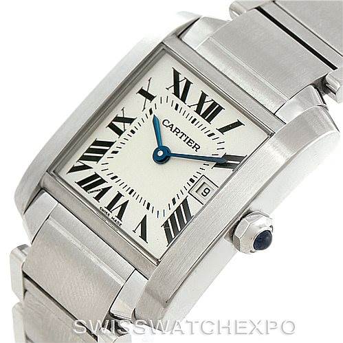 This image shows a side angle of a Cartier Tank Francaise W51011Q3 Women's Stainless Steel Silver Dial W51011Q3 Women's Stainless Steel Silver Dial watch, highlighting the dial, bracelet, crown, and case.