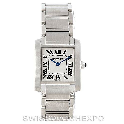 This image shows a frontal view of a Cartier Tank Francaise W51011Q3 Women's Stainless Steel Silver Dial W51011Q3 Women's Stainless Steel Silver Dial watch, highlighting its stainless steel case, bracelet, and Roman numeral dial.