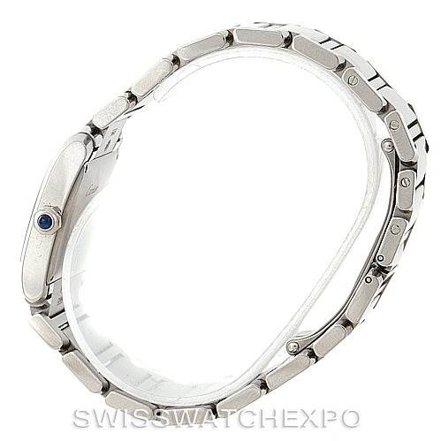 The image shows a side profile of the Cartier Tank Française watch, focusing on the bracelet and crown details.