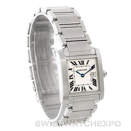 This is a Cartier Tank Francaise W51011Q3 Women's Stainless Steel Silver Dial W51011Q3 Women's Stainless Steel Silver Dial watch shown at a three-quarter angle, displaying its face, bracelet, and crown.