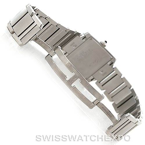 The image shows the underside and clasp mechanism of a Cartier Tank Francaise W51011Q3 Women's Stainless Steel Silver Dial W51011Q3 Women's Stainless Steel Silver Dial watch, emphasizing the bracelet and deployment clasp.