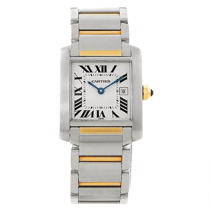 This image shows a front view of the Cartier Tank Francaise W51012Q4 Women's Steel and Gold (two tone) Silver Dial W51012Q4 Women's Steel and Gold (two tone) Silver Dial watch, displaying its face, bezel, and bracelet.