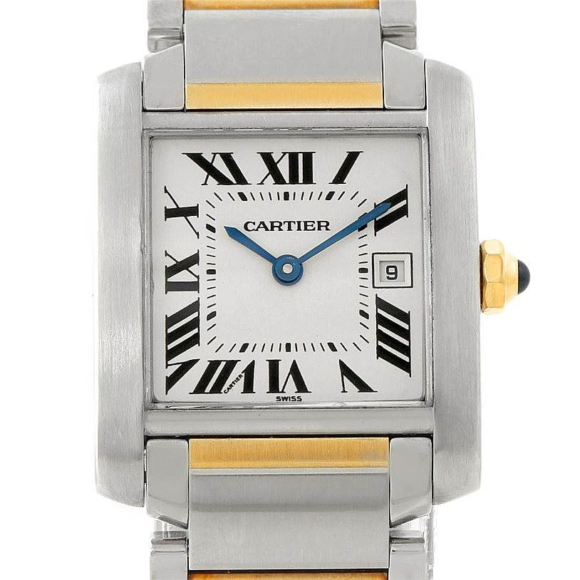 This image shows a close-up view of the face and band of a Cartier Tank Francaise W51012Q4 Women's Steel and Gold (two tone) Silver Dial W51012Q4 Women's Steel and Gold (two tone) Silver Dial watch.