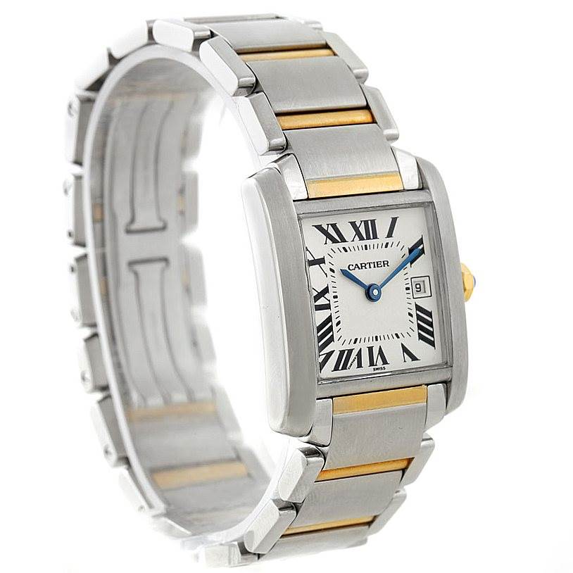 The image shows a Cartier Tank Francaise W51012Q4 Women's Steel and Gold (two tone) Silver Dial W51012Q4 Women's Steel and Gold (two tone) Silver Dial watch at a three-quarter angle, focusing on the face and bracelet with gold accents.