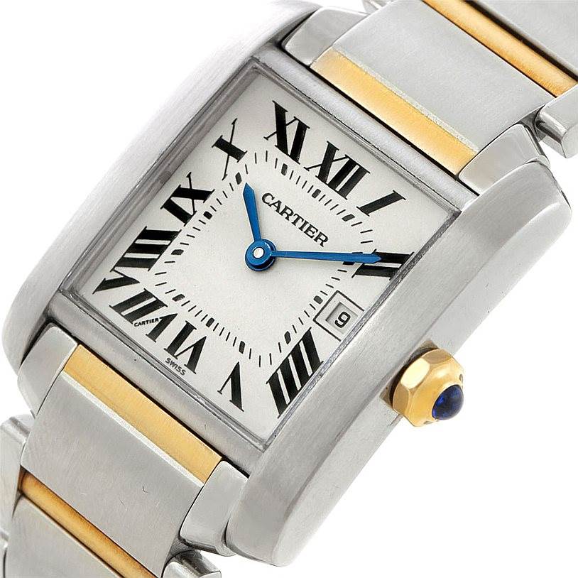 The image shows a close-up angle of a Cartier Tank Francaise W51012Q4 Women's Steel and Gold (two tone) Silver Dial W51012Q4 Women's Steel and Gold (two tone) Silver Dial watch, highlighting the face, Roman numerals, and part of the bracelet.