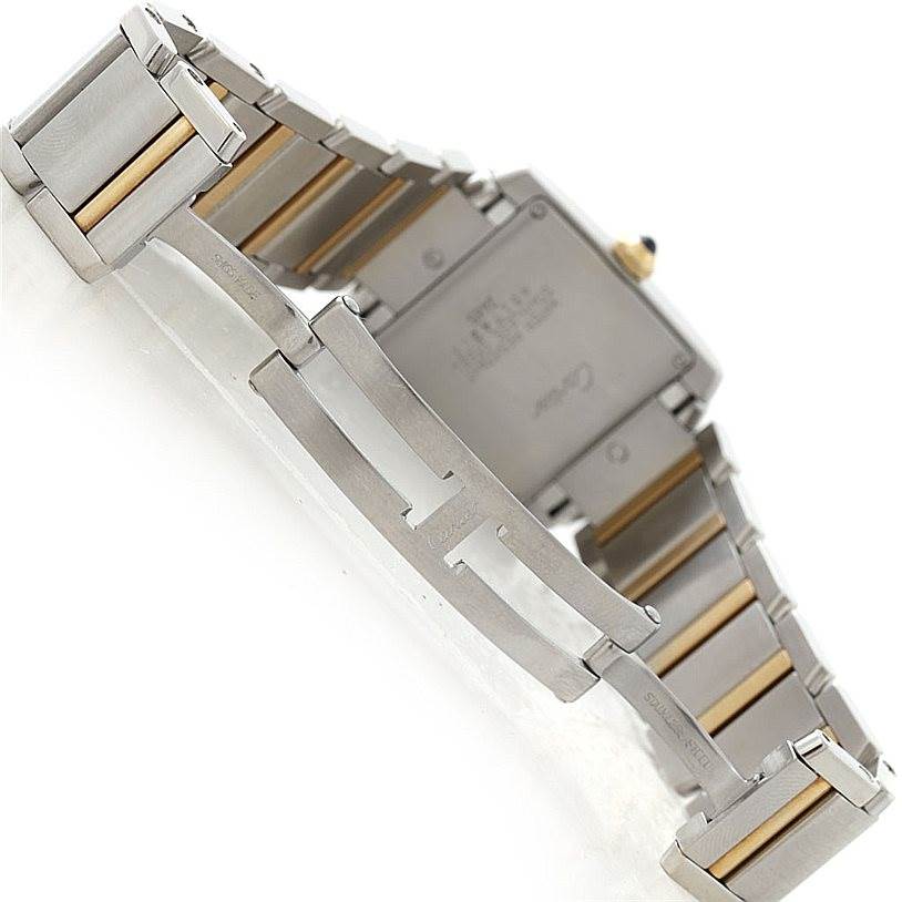 The Cartier Tank Francaise W51012Q4 Women's Steel and Gold (two tone) Silver Dial W51012Q4 Women's Steel and Gold (two tone) Silver Dial watch is shown at an angle highlighting its stainless steel bracelet and clasp.