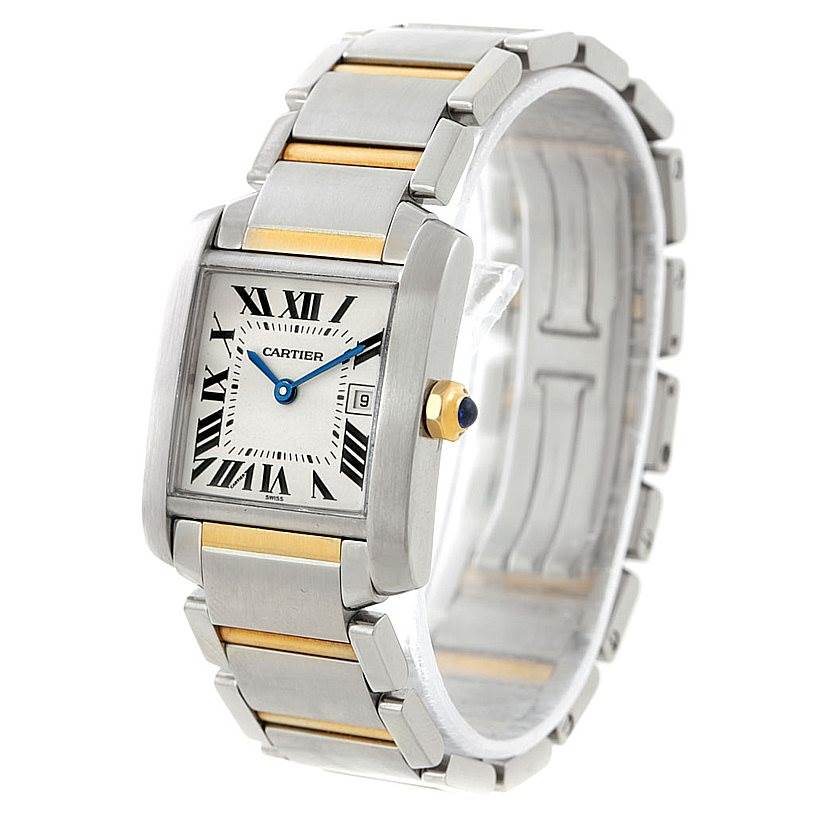 The Cartier Tank Francaise W51012Q4 Women's Steel and Gold (two tone) Silver Dial W51012Q4 Women's Steel and Gold (two tone) Silver Dial watch is shown at a slight angle, highlighting its face, band, and Roman numeral markers.