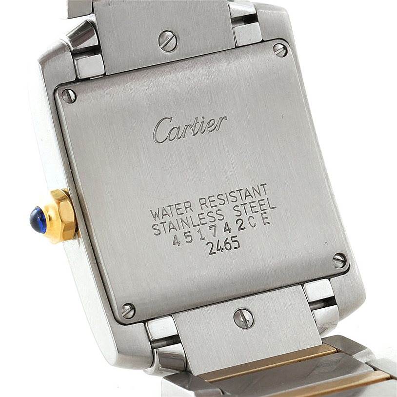 This image shows the back case of a Cartier Tank Francaise W51012Q4 Women's Steel and Gold (two tone) Silver Dial W51012Q4 Women's Steel and Gold (two tone) Silver Dial watch, highlighting the model engraving and stainless steel case.