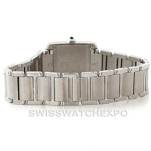 This image shows the back view of a Cartier Tank Francaise W51011Q3 Women's Stainless Steel Silver Dial W51011Q3 Women's Stainless Steel Silver Dial watch, highlighting the stainless steel bracelet and clasp.
