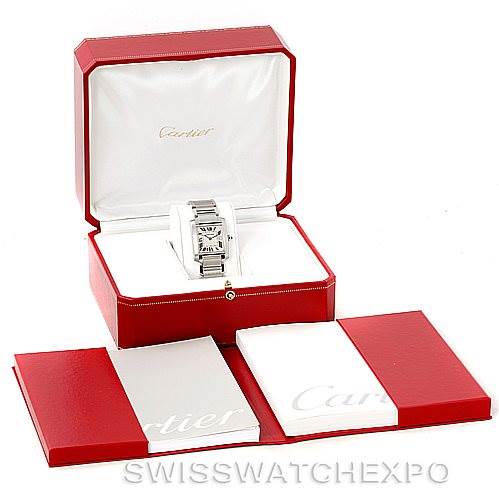 The image shows a Cartier Tank Francaise W51011Q3 Women's Stainless Steel Silver Dial W51011Q3 Women's Stainless Steel Silver Dial watch in its open red case with accompanying booklets.