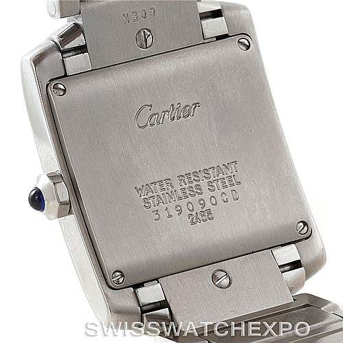 This image shows the back case of a Cartier Tank Française watch, highlighting its stainless steel material and engravings.