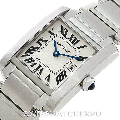 This image shows a close-up, angled view of the Cartier Tank Francaise W51011Q3 Women's Stainless Steel Silver Dial W51011Q3 Women's Stainless Steel Silver Dial watch, highlighting the dial, bezel, crown, and part of the bracelet.