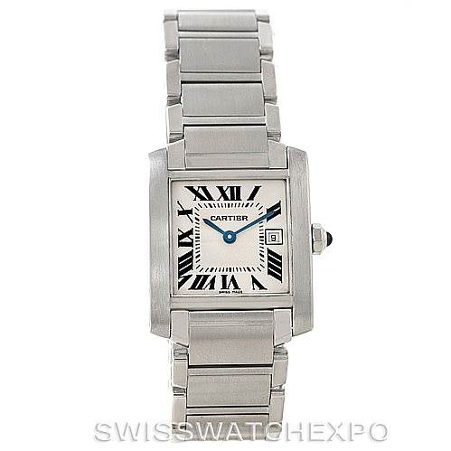 The image shows a Cartier Tank Francaise W51011Q3 Women's Stainless Steel Silver Dial W51011Q3 Women's Stainless Steel Silver Dial watch with a full frontal view of the face, bracelet, and case.
