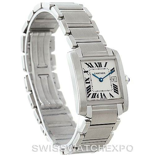The Cartier Tank Francaise W51011Q3 Women's Stainless Steel Silver Dial W51011Q3 Women's Stainless Steel Silver Dial watch is shown at an angle displaying the face, bezel, and metal bracelet.