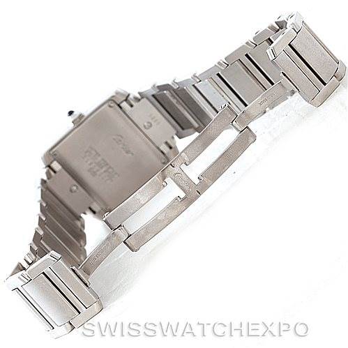 This image shows the back view of a Cartier Tank Francaise W51011Q3 Women's Stainless Steel Silver Dial W51011Q3 Women's Stainless Steel Silver Dial watch, focusing on its stainless steel bracelet and deployment clasp.