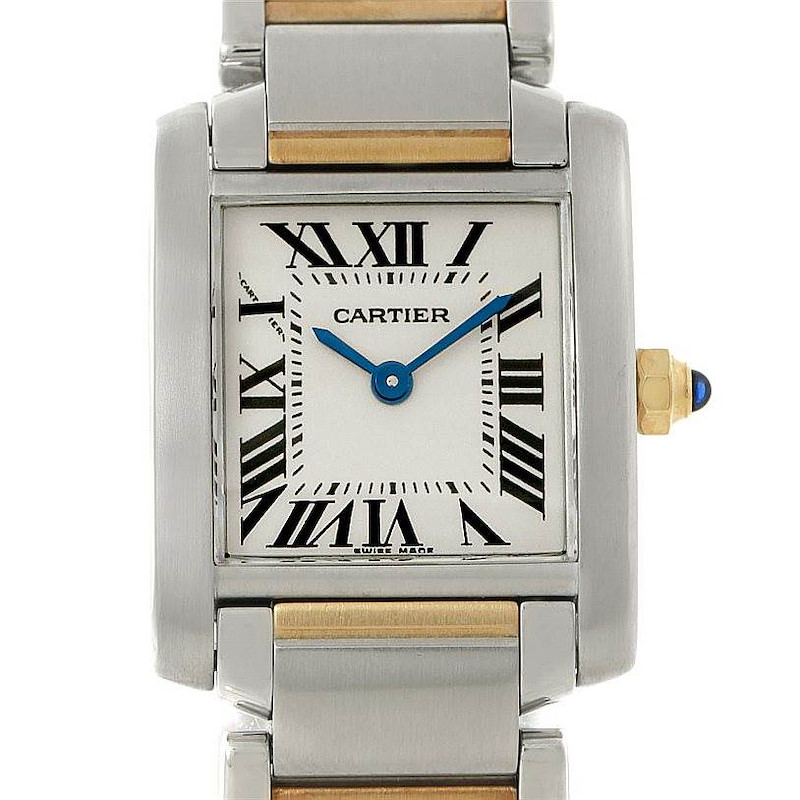 The image shows a front view of the Cartier Tank Francaise watch, highlighting its face, bracelet, and crown.